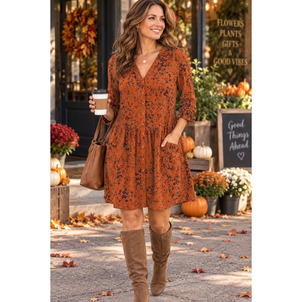 Garnet Hill Dress 12 Burnt Orange Navy Floral Viscose Button Front Pockets Boho